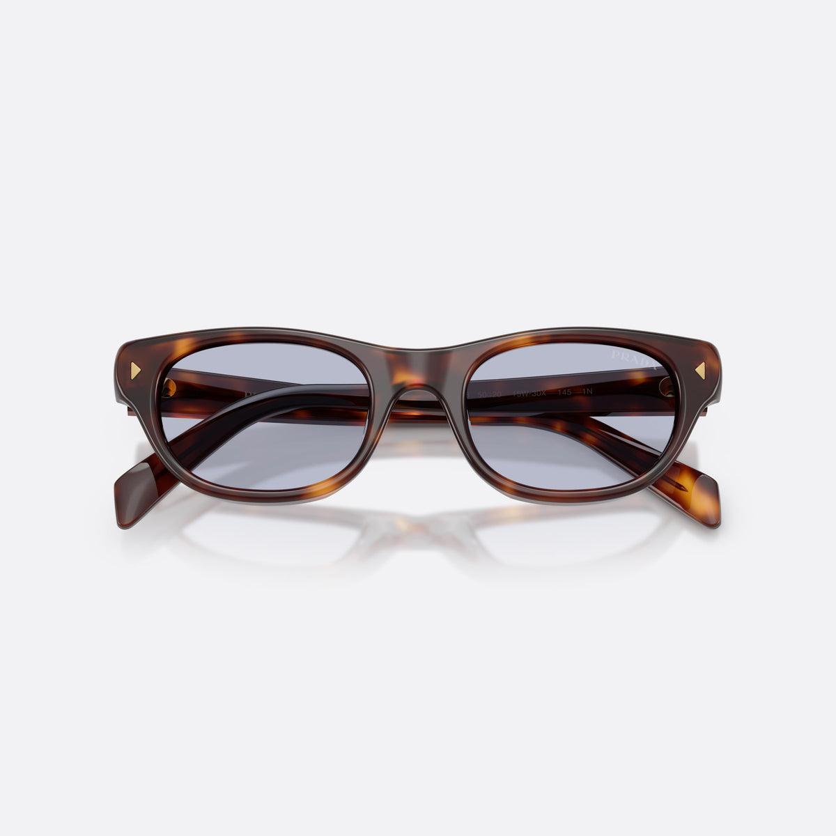 Prada PR C08S 15W30X sunglasses, havana cat eye frame for women, plain bridge, brand lettering on temples, folded