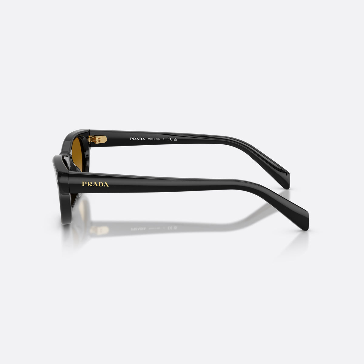 Prada PR C08S 16K10X sunglasses, black cat eye frame for women, plain integrated bridge, brand lettering on temples, side view