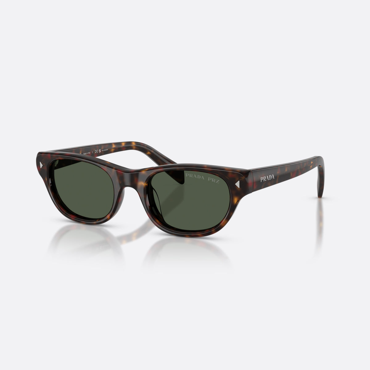 Prada PR C08S 17N90V sunglasses, havana cat eye frame for women, plain bridge, brand lettering on temples, full-rim frame