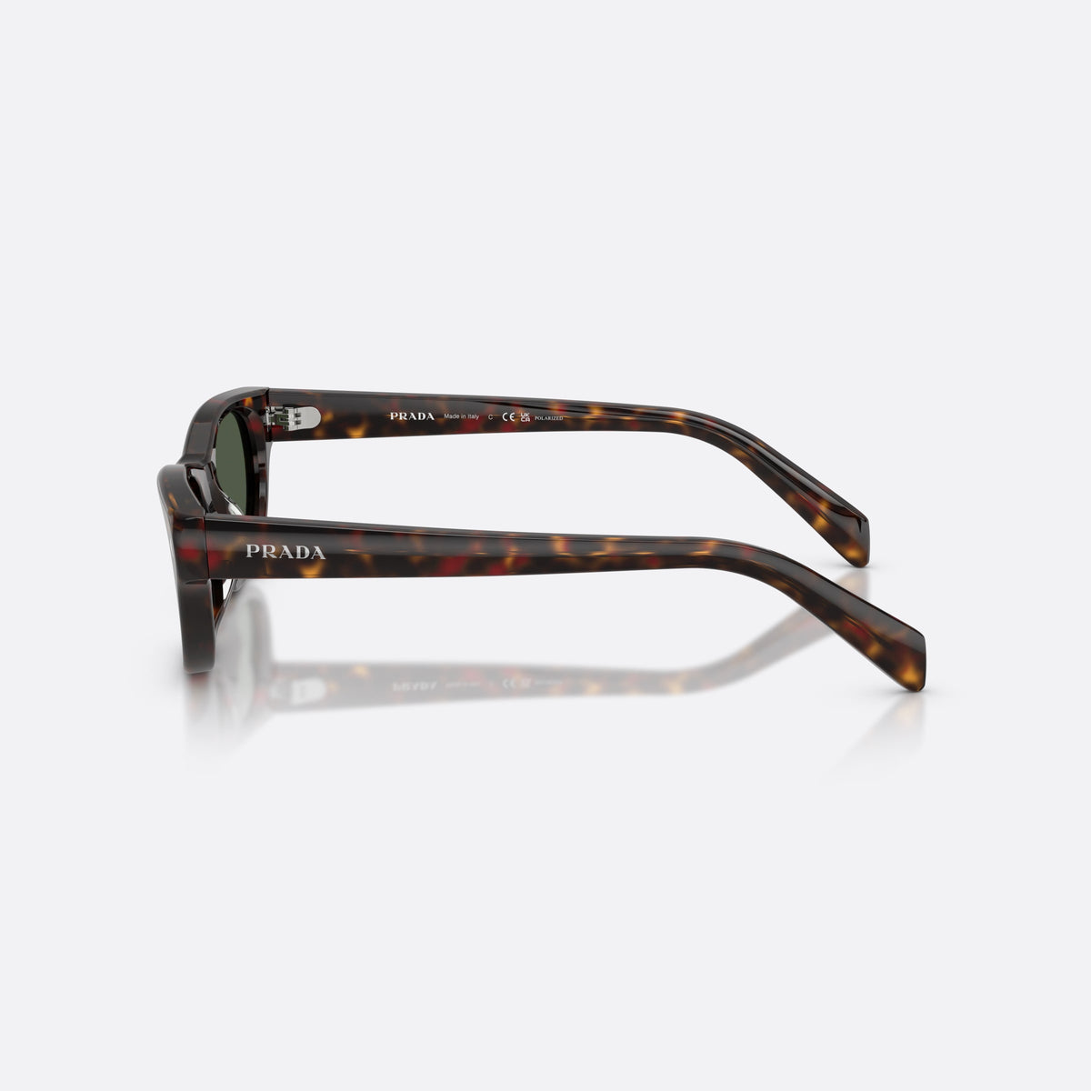 Prada PR C08S 17N90V sunglasses, havana cat eye frame for women, plain bridge, brand lettering on temples, full-rim frame, side view