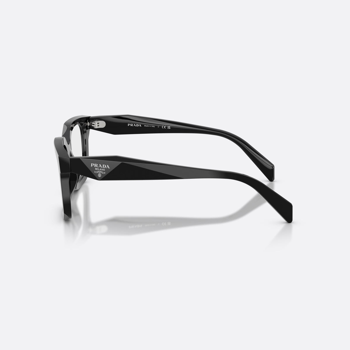Rame ochelari de vedere Prada PR C08V 16K1O1, neregulat negru, pentru femei, punte dublă simplă, placă cu logoul brandului pe braț, vedere laterală