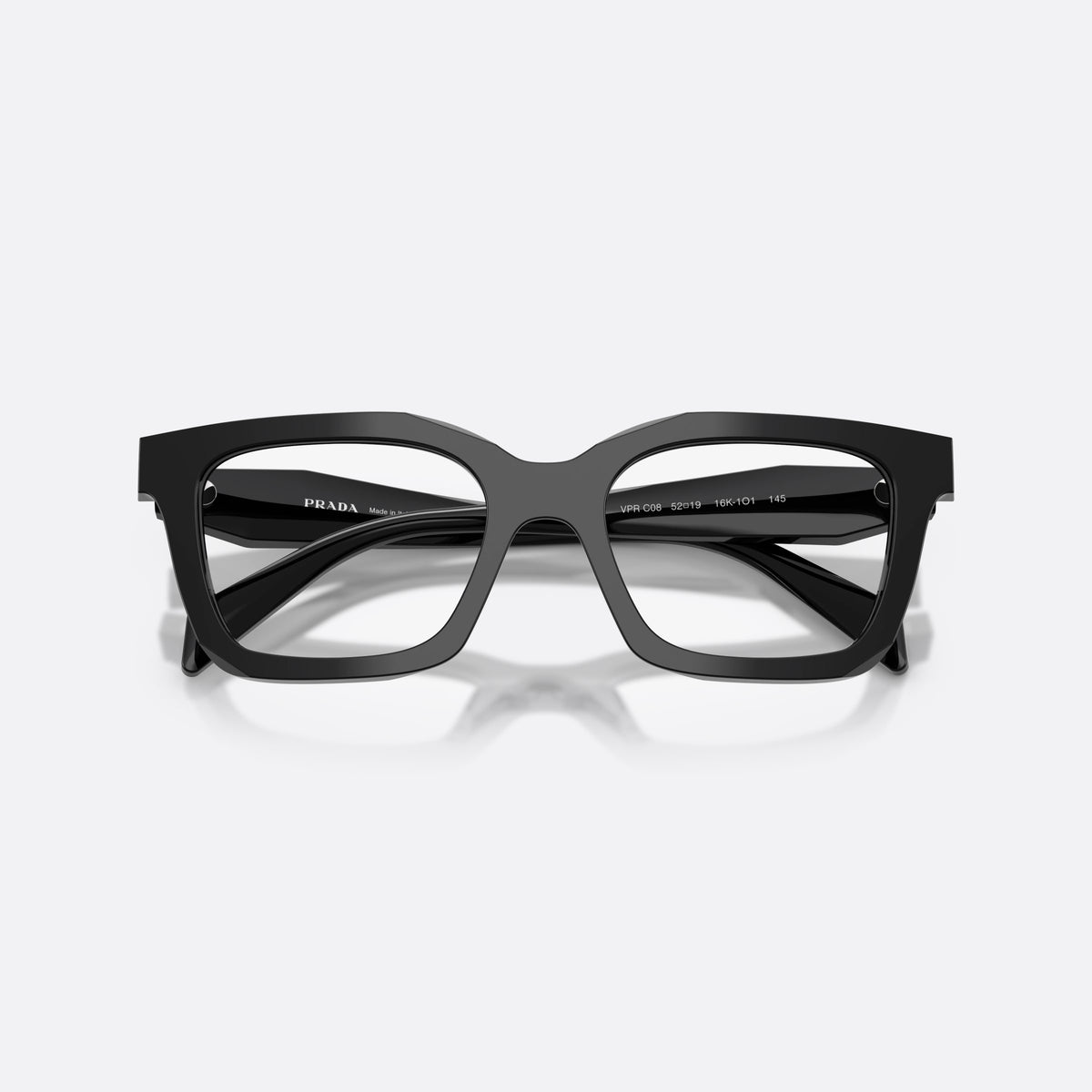 Rame ochelari de vedere Prada PR C08V 16K1O1, neregulat negru, pentru femei, punte dublă simplă, placă cu logoul brandului pe braț, cu brațele pliate