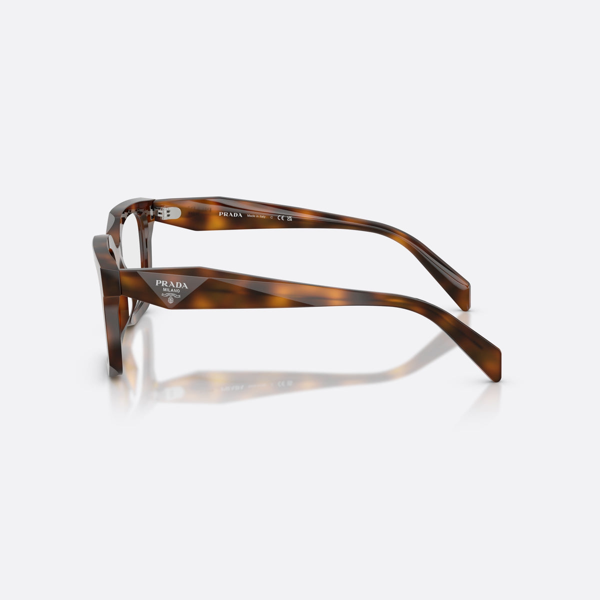 Prada PR C08V 20D1O1 eyeglasses, havana irregular frame for women, plain saddle style bridge, brand logo plaque on temple, side view