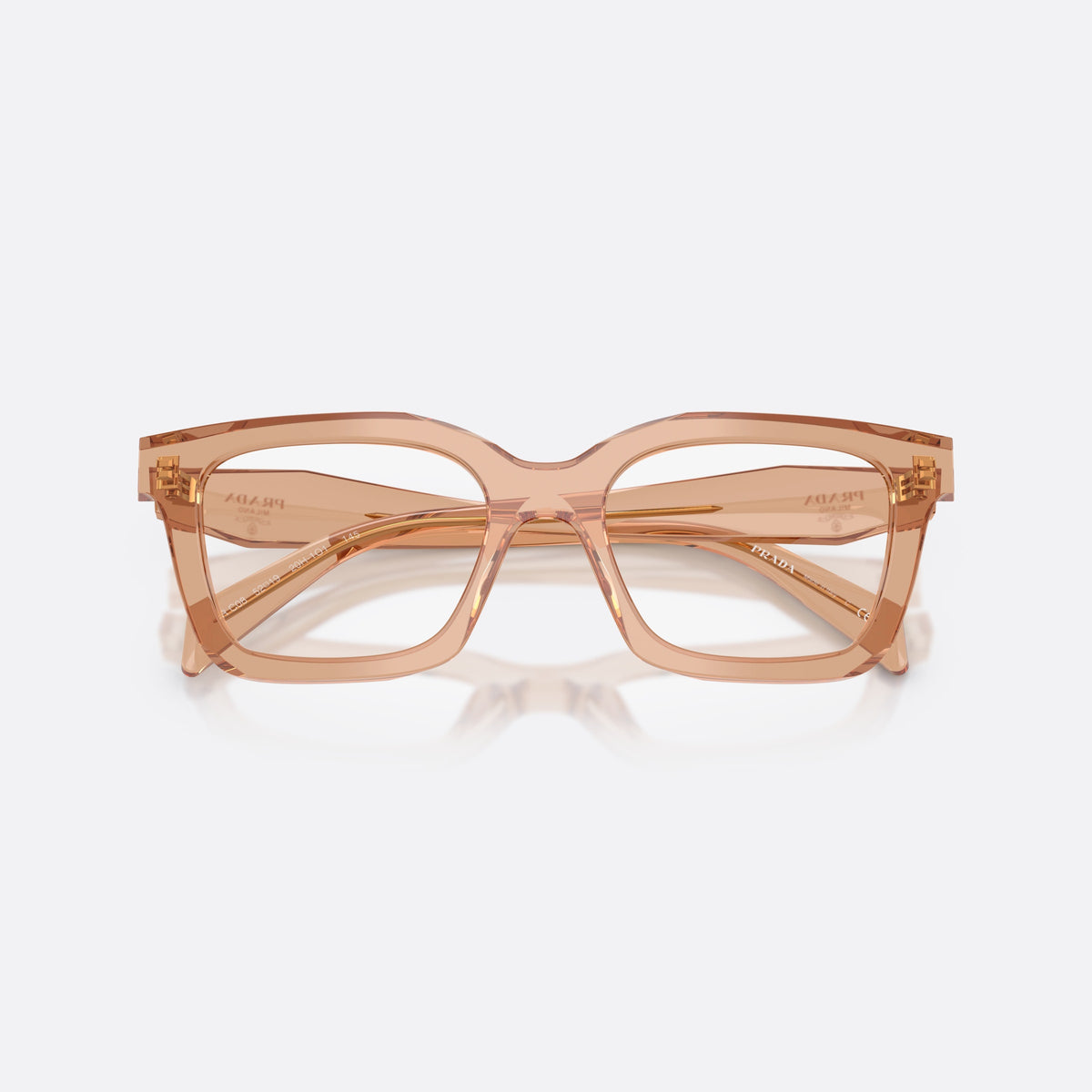 Prada PR C08V 20H1O1 eyeglasses, brown irregular frame for women, keyhole bridge, brand logo on temples, full-rim frame, folded