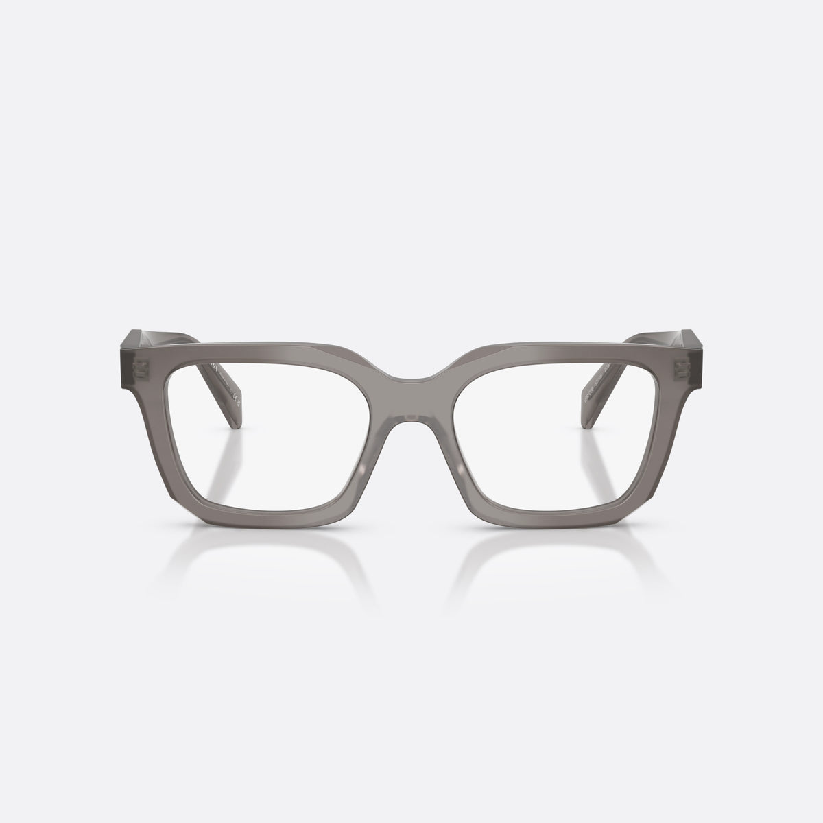 Prada PR C08V 27G1O1 eyeglasses, grey irregular frame for women, plain integrated bridge, brand lettering on temples, front view
