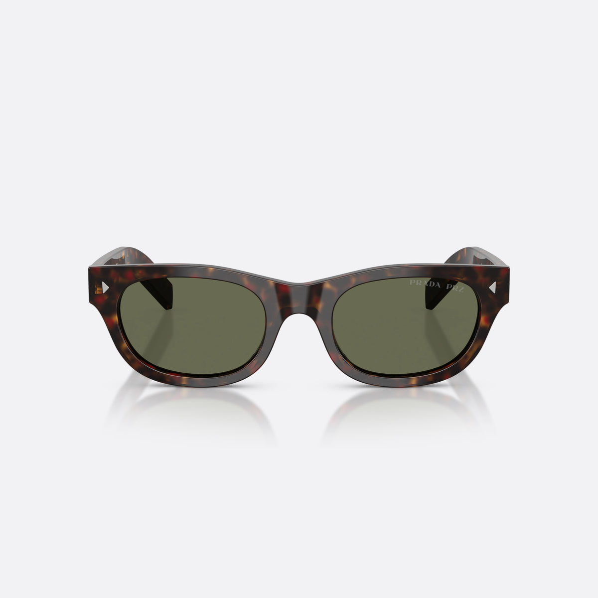Prada PR C09S 17N03R sunglasses, havana cat eye frame for men, keyhole bridge, brand logo on temple, wide tapered temples, front view