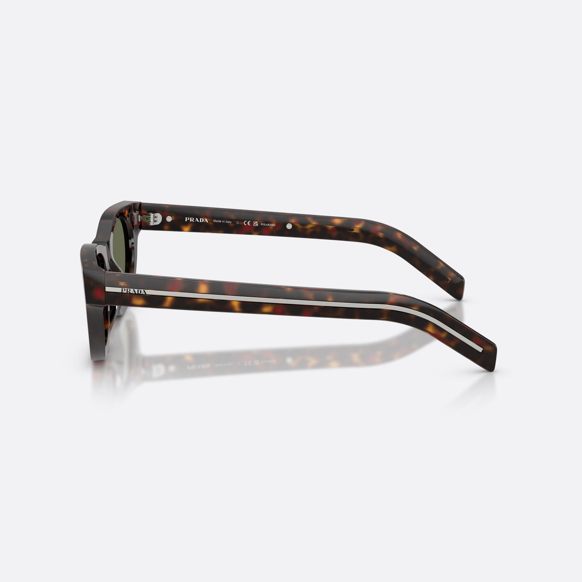 Prada PR C09S 17N03R sunglasses, havana cat eye frame for men, keyhole bridge, brand logo on temple, wide tapered temples, side view