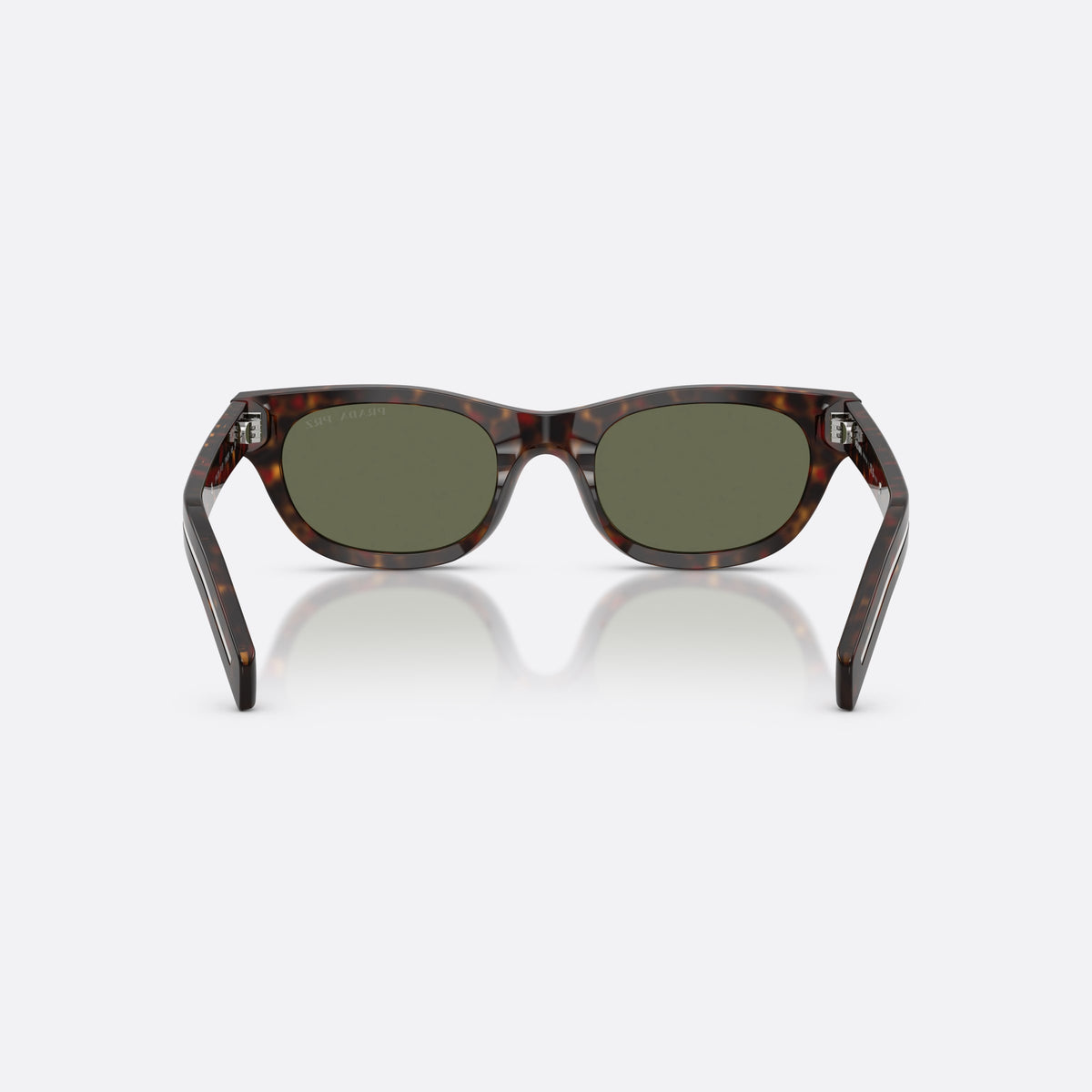Prada PR C09S 17N03R sunglasses, havana cat eye frame for men, keyhole bridge, brand logo on temple, wide tapered temples, back view