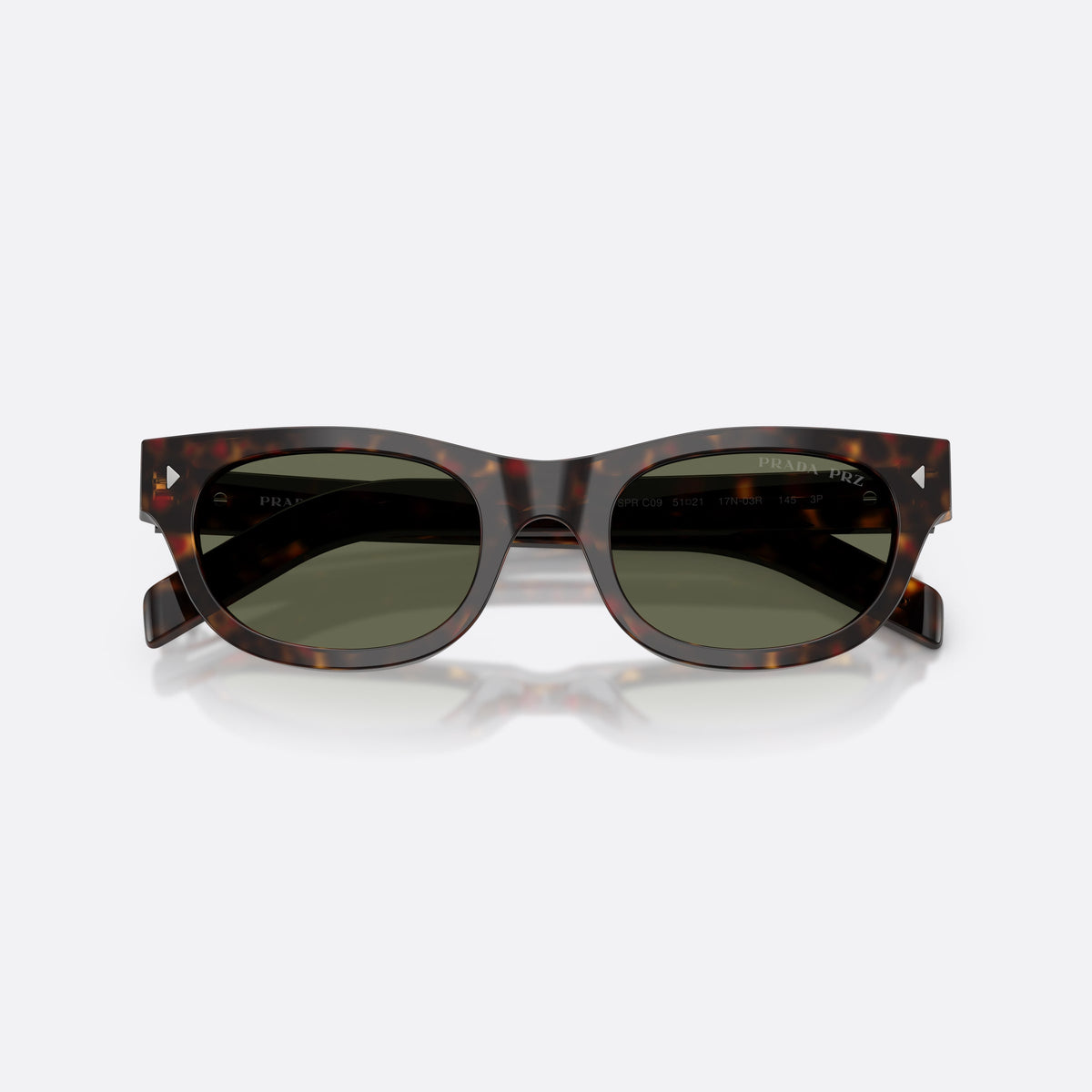 Prada PR C09S 17N03R sunglasses, havana cat eye frame for men, keyhole bridge, brand logo on temple, wide tapered temples, folded
