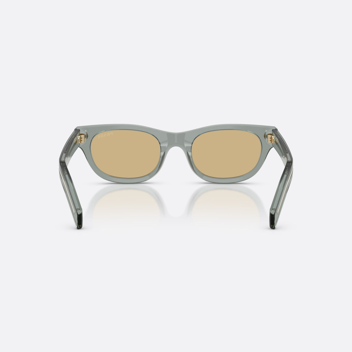 Prada PR C09S 21J70R sunglasses, grey cat eye frame for men, plain bridge, brand lettering on the temples, back view