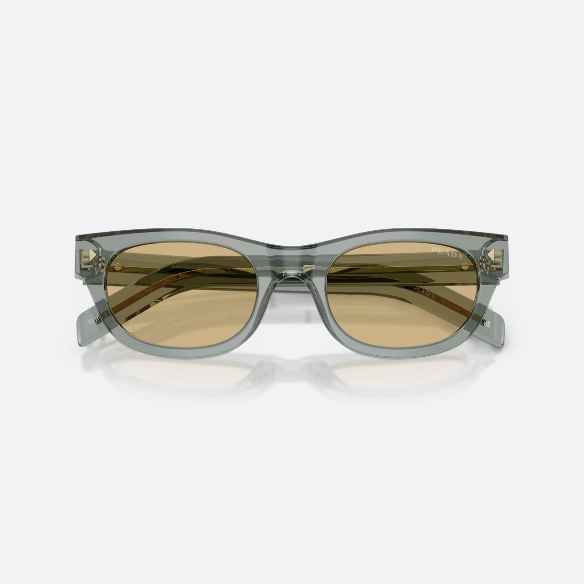 Prada PR C09S 21J70R sunglasses, grey cat eye frame for men, plain bridge, brand lettering on the temples, folded