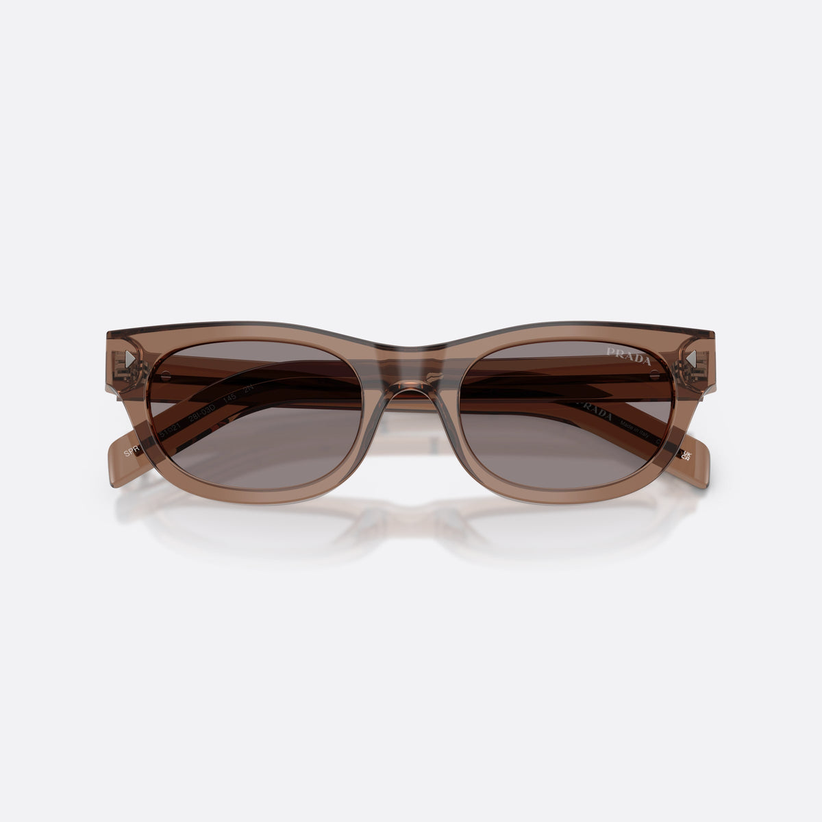 Ochelari de soare Prada PR C09S 28I03D, cat eye maro, pentru bărbați, punte integrată simplă, literele brandului pe brațe, cu brațele pliate