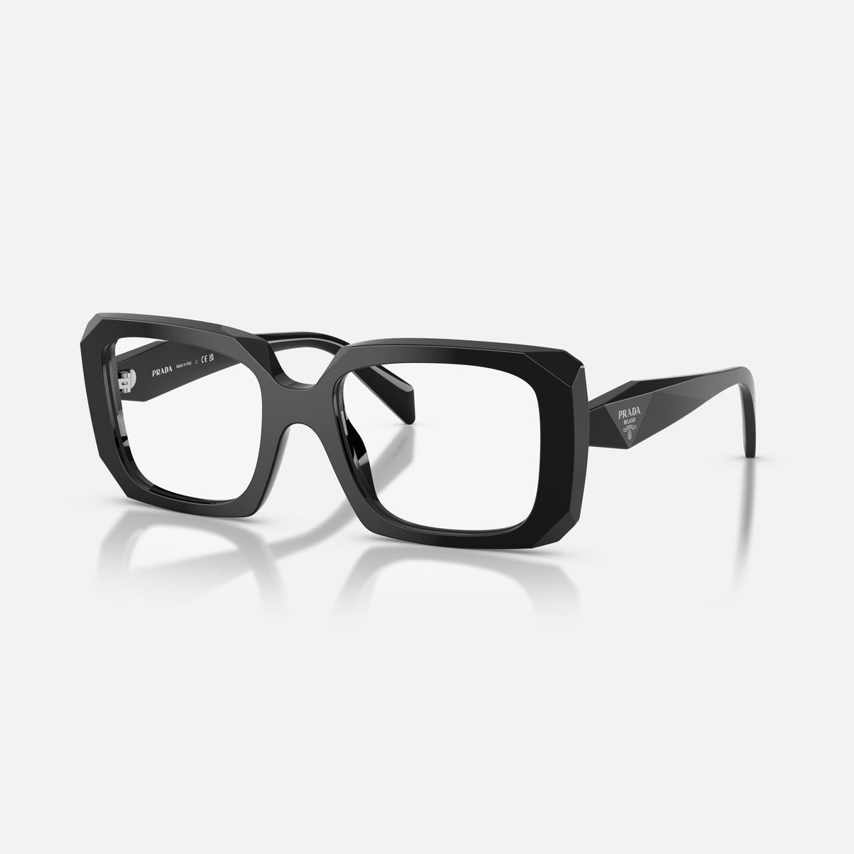 Prada PR C09V 16K1O1 eyeglasses, black pillow frame for women, saddle-like wide bridge, brand lettering on temples
