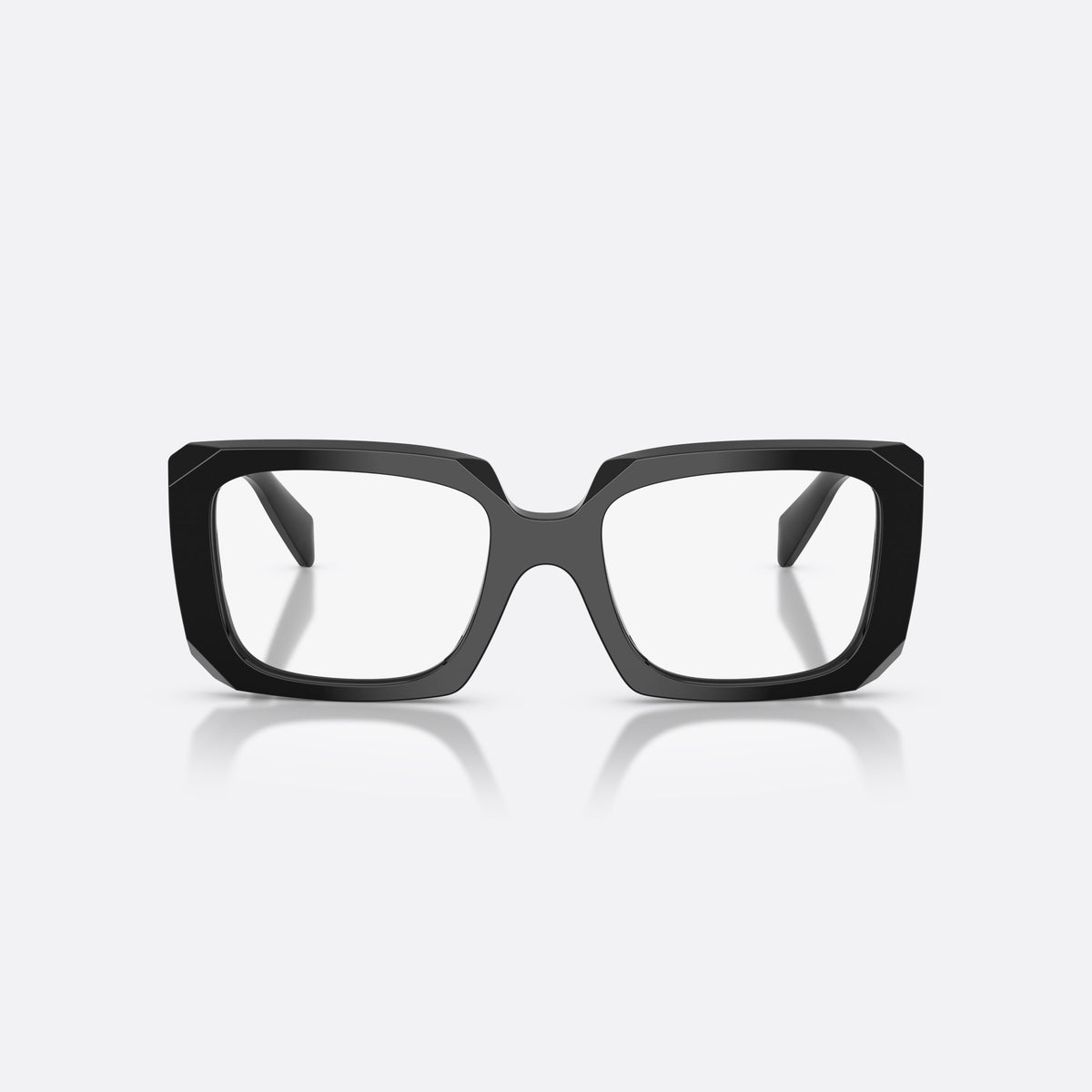 Prada PR C09V 16K1O1 eyeglasses, black pillow frame for women, saddle-shaped bridge, integrated, wide tapered temples, front view