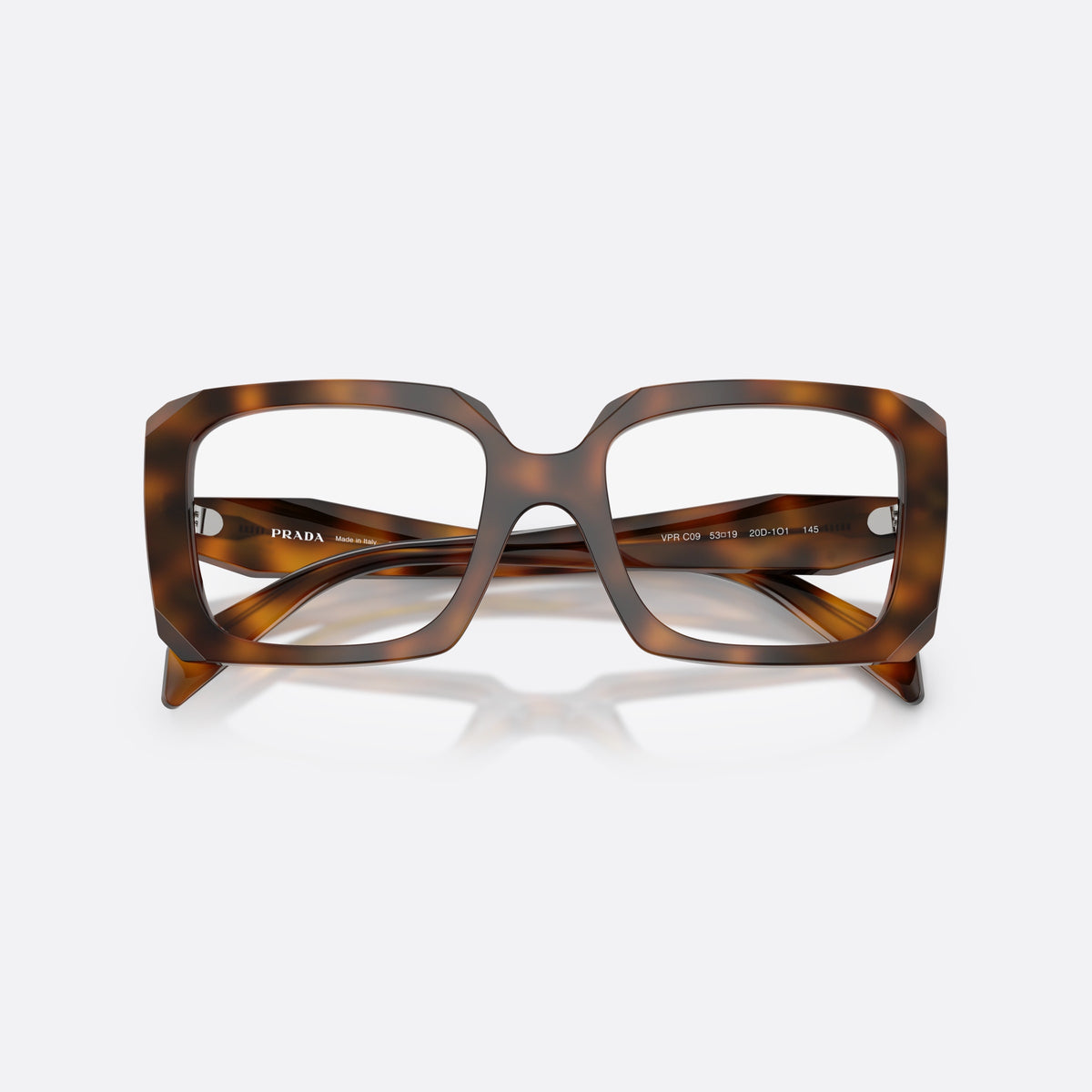 Rame ochelari de vedere Prada PR C09V 20D1O1, pillow havana, pentru femei, punte în formă de șa, literele brandului pe brațe, cu brațele pliate