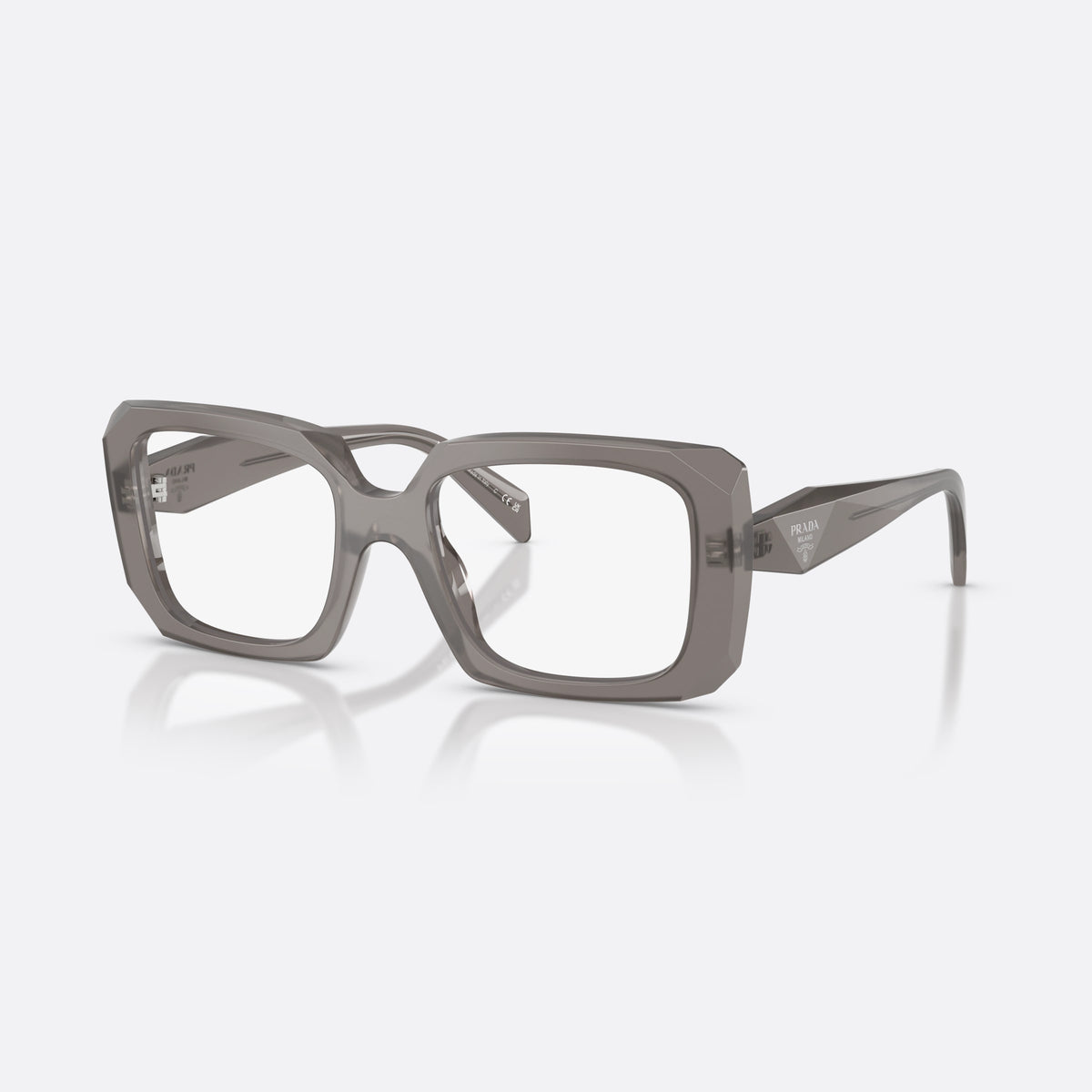 Prada PR C09V 27G1O1 eyeglasses, grey pillow frame for women, double bridge with wide center, brand lettering on temples