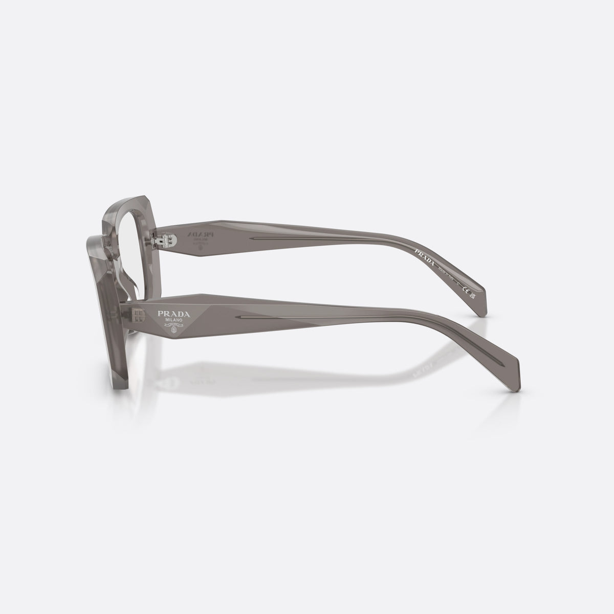Prada PR C09V 27G1O1 eyeglasses, grey pillow frame for women, double bridge with wide center, brand lettering on temples, side view
