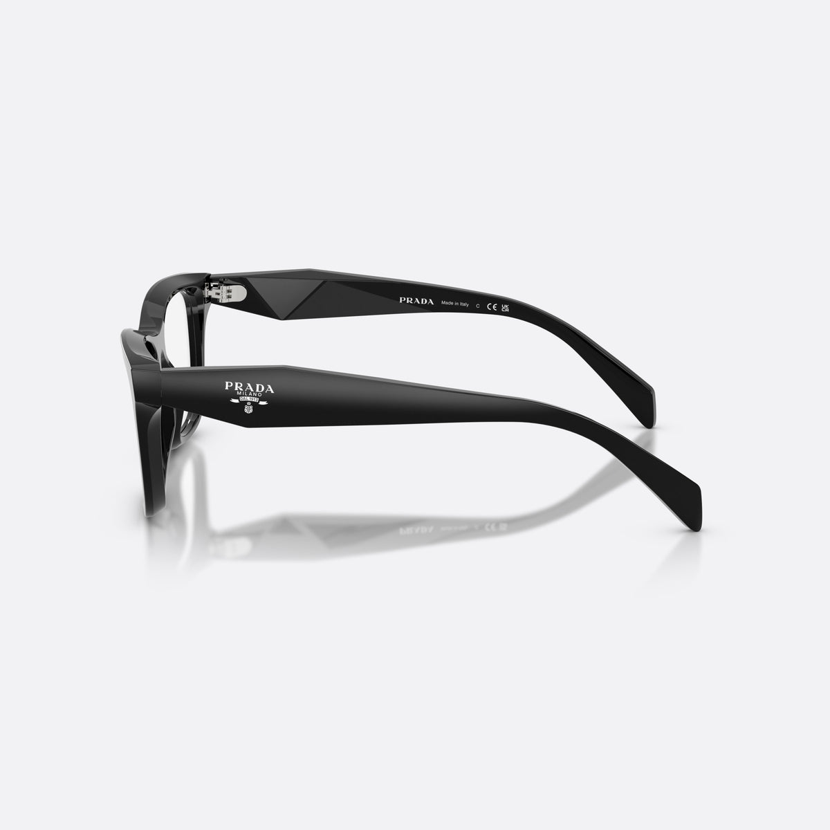 Prada PR C10V 16K1O1 eyeglasses, black butterfly frame for women, plain bridge, brand lettering on temples, full-rim frame, side view