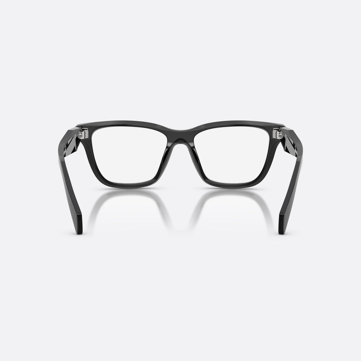Prada PR C10V 16K1O1 eyeglasses, black butterfly frame for women, plain bridge, brand lettering on temples, full-rim frame, back view