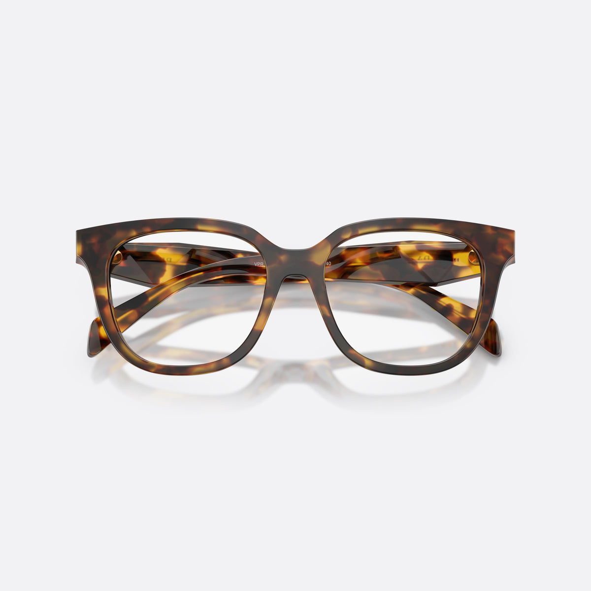 Prada PR C11V 14L1O1 eyeglasses, havana butterfly frame for women, keyhole bridge, brand lettering on the temples, folded