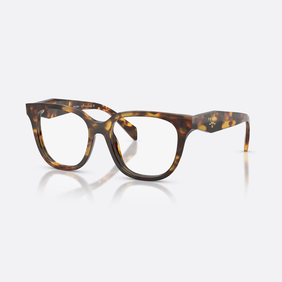 Prada PR C11V 14L1O1 eyeglasses, havana butterfly frame for women, plain bridge, brand lettering on temples, full-rim frame