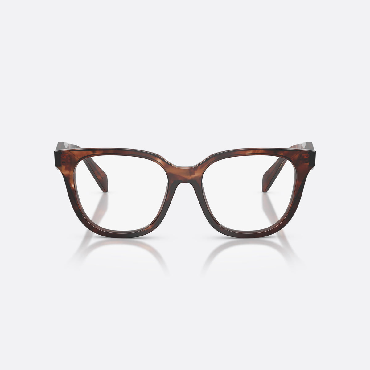 Prada PR C11V 14P1O1 eyeglasses, havana butterfly frame for women, plain saddle bridge, brand lettering on temples, front view