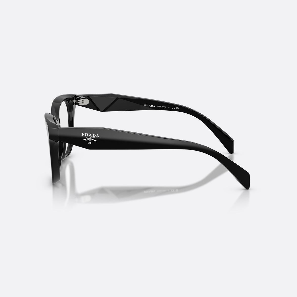 Prada PR C11V 16K1O1 eyeglasses, black butterfly frame for women, plain bridge, integrated, brand lettering on the temples, side view