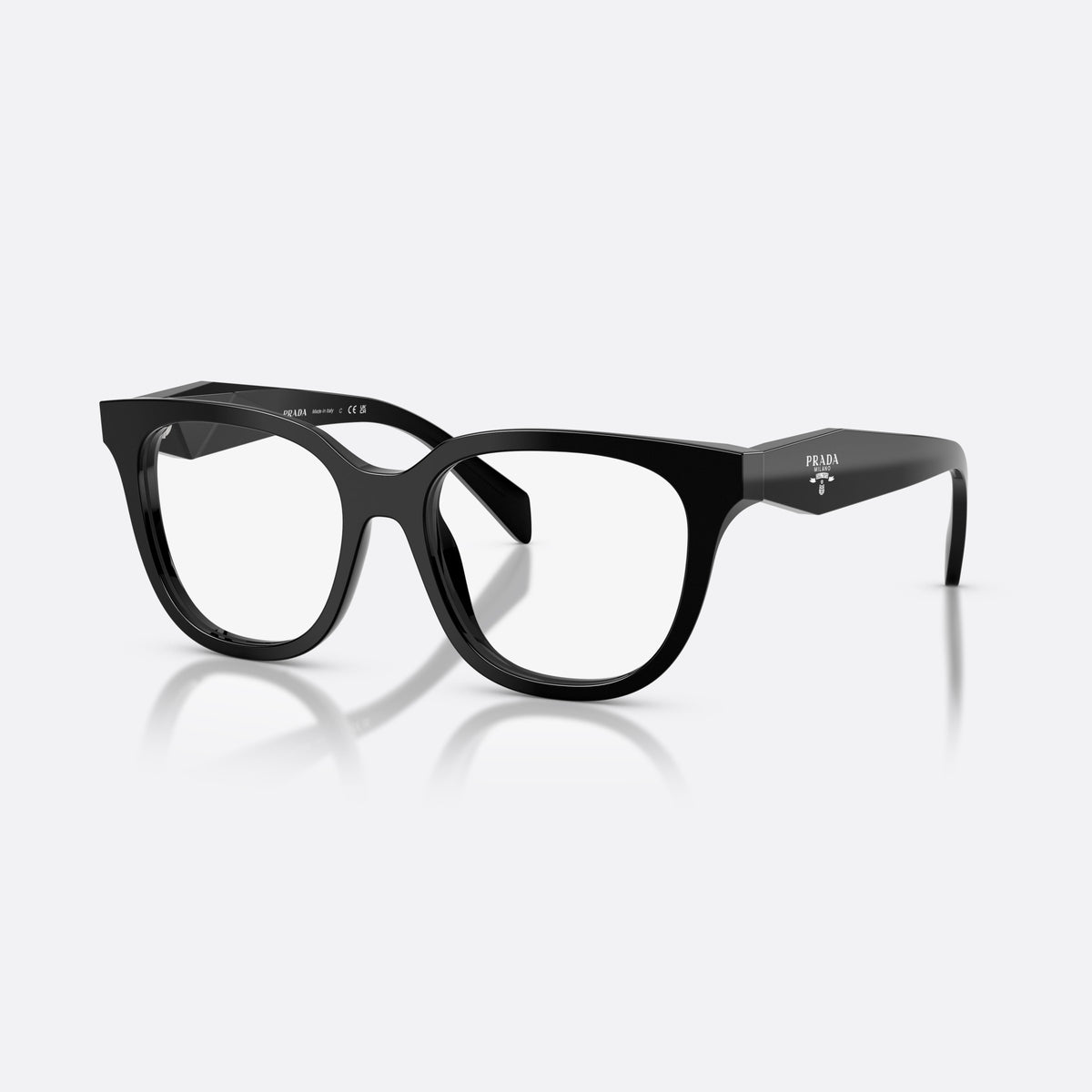 Prada PR C11V 16K1O1 eyeglasses, black butterfly frame for women, plain bridge, integrated, brand lettering on temples