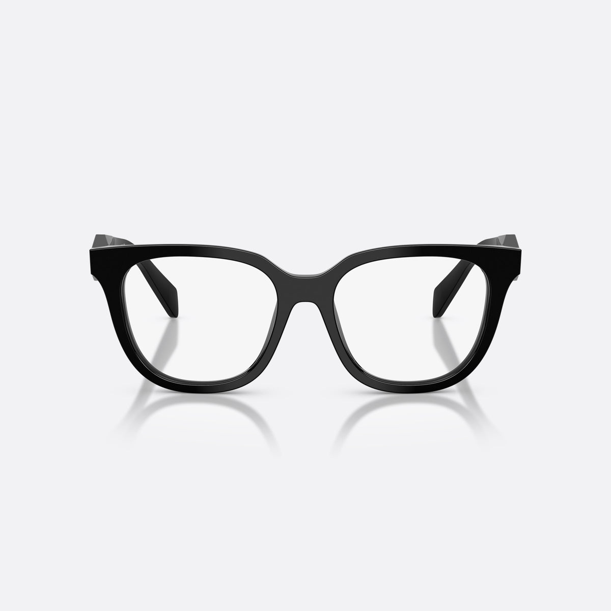 Prada PR C11V 16K1O1 eyeglasses, black butterfly frame for women, plain bridge, integrated, brand lettering on temples, front view