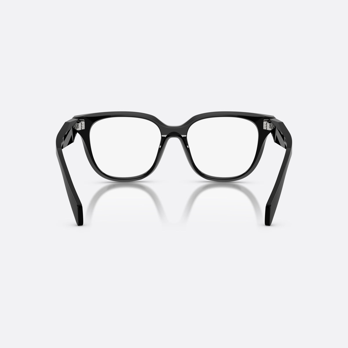 Prada PR C11V 16K1O1 eyeglasses, black butterfly frame for women, plain bridge, integrated, brand lettering on temples, back view