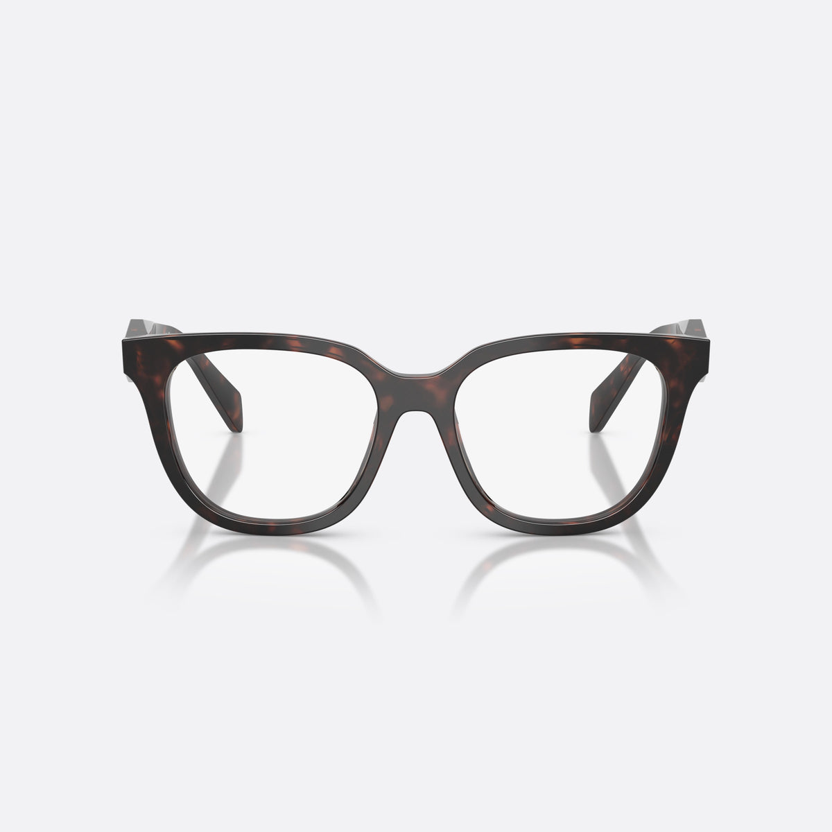 Prada PR C11V 17N1O1 eyeglasses, havana butterfly frame for women, plain bridge, integrated, brand logo on temple, front view