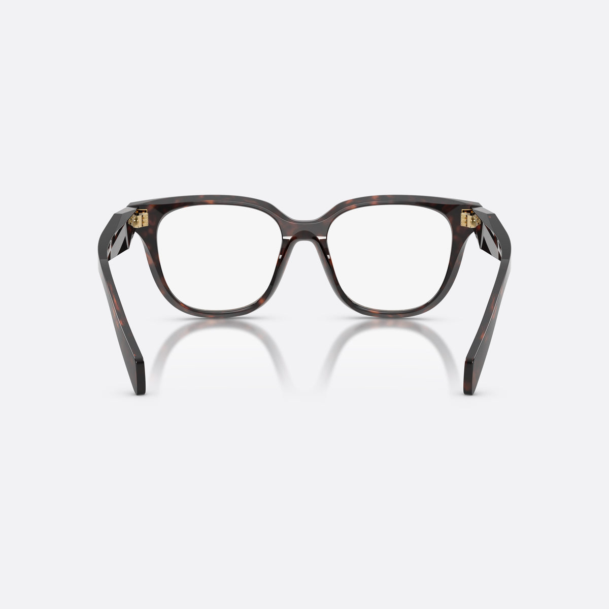 Prada PR C11V 17N1O1 eyeglasses, havana butterfly frame for women, plain bridge, integrated, brand logo on temple, back view