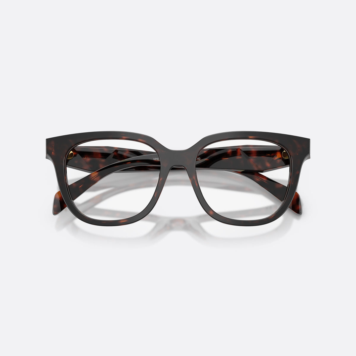 Prada PR C11V 17N1O1 eyeglasses, havana butterfly frame for women, plain bridge, integrated, brand logo on temple, folded