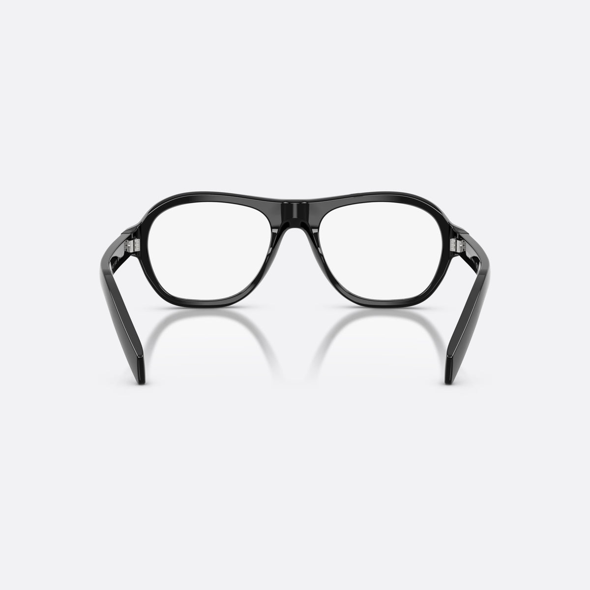 Prada PR C12V 16K1O1 eyeglasses, black pillow frame for women, plain double bridge, brand lettering on temples, back view