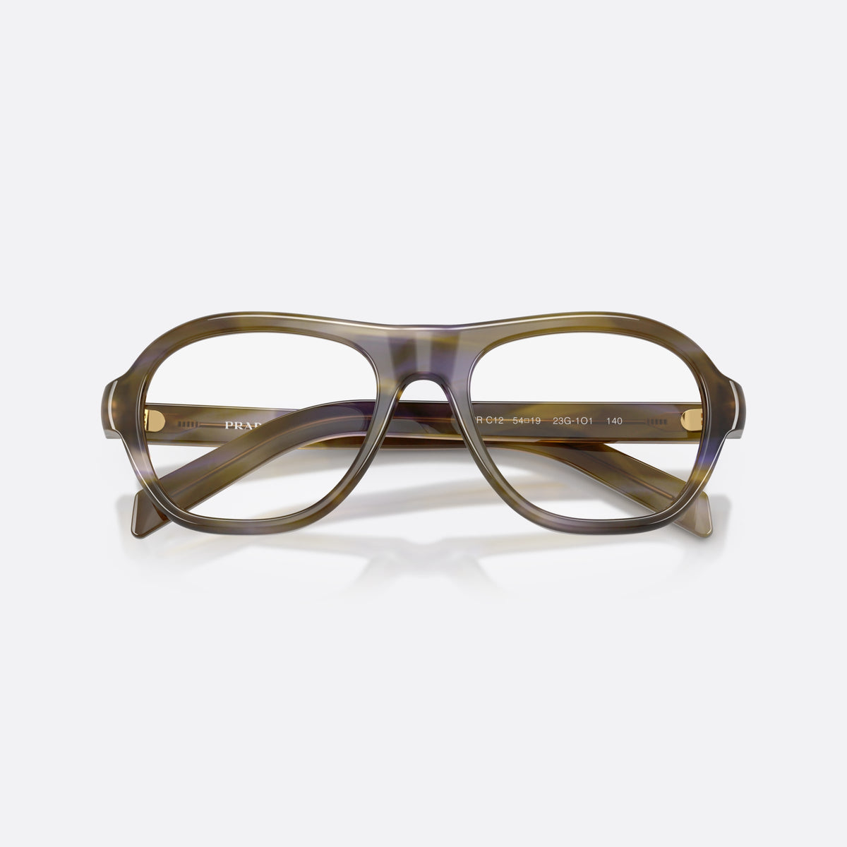 Prada PR C12V 23G1O1 eyeglasses, brown pillow frame for women, plain saddle bridge, brand lettering on temples, folded