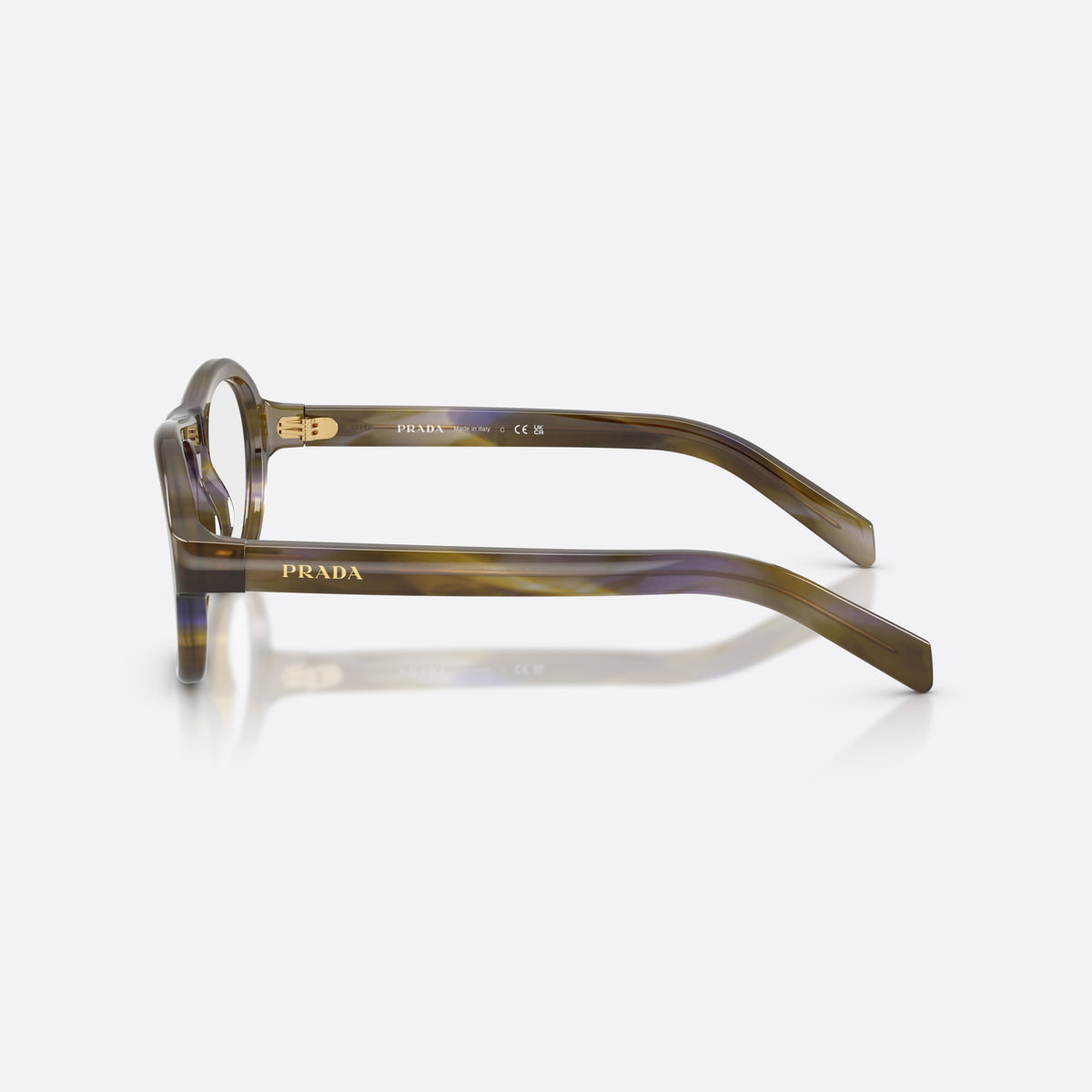 Prada PR C12V 23G1O1 eyeglasses, brown pillow frame for women, plain double-arch bridge, brand lettering on temple, side view
