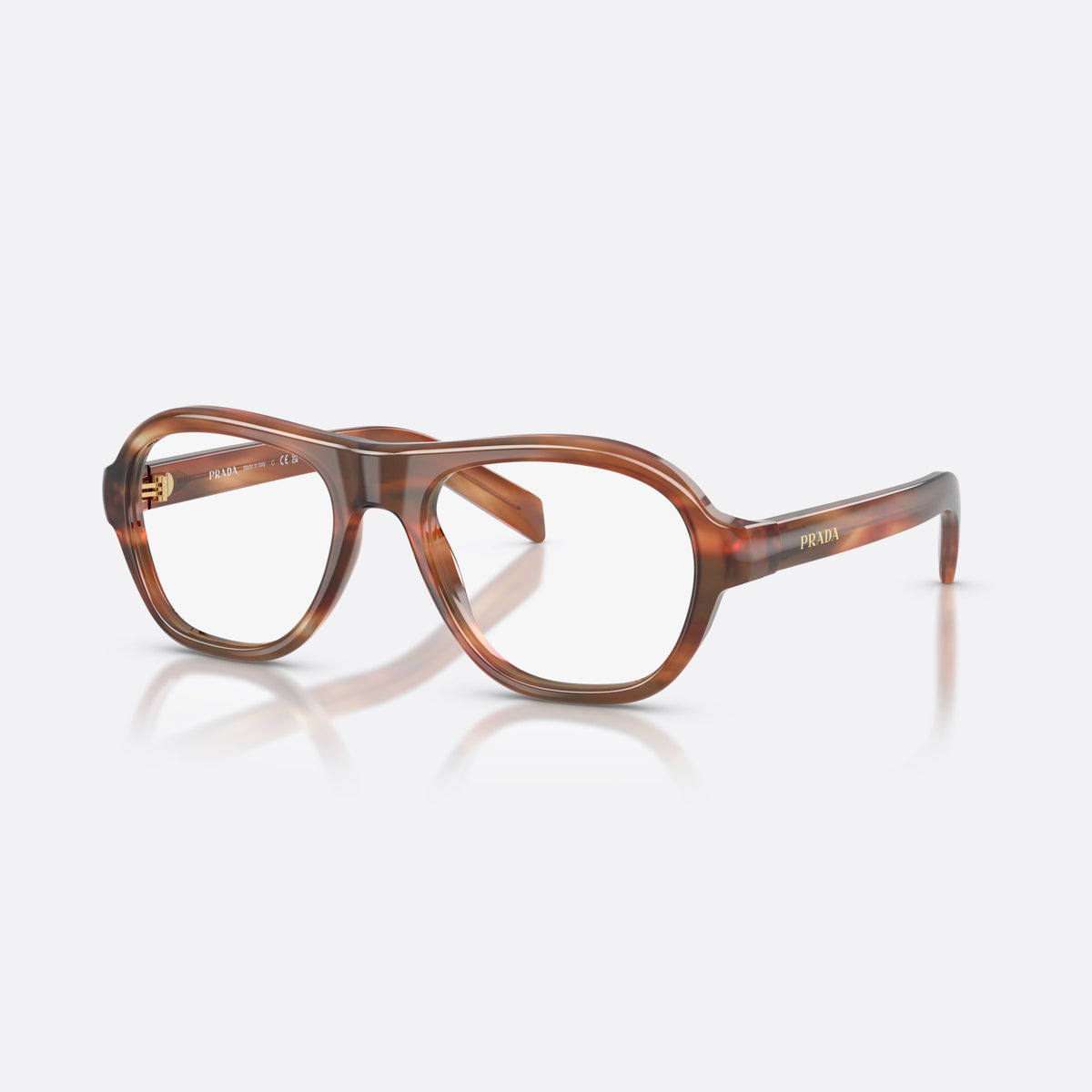 Prada PR C12V 24G1O1 eyeglasses, brown pillow frame for women, plain bridge, brand lettering on temple, full-rim frame