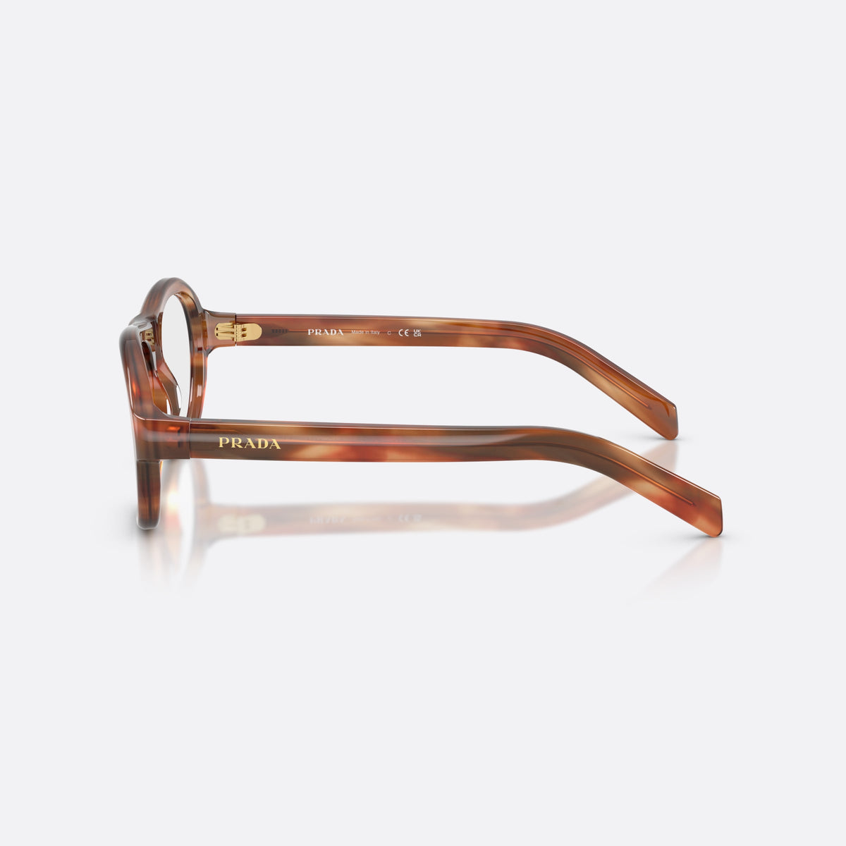 Prada PR C12V 24G1O1 eyeglasses, brown pillow frame for women, plain bridge, brand lettering on temple, full-rim frame, side view