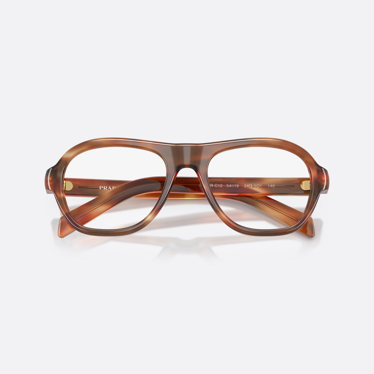 Prada PR C12V 24G1O1 eyeglasses, brown pillow frame for women, plain bridge, brand lettering on temple, full-rim frame, folded