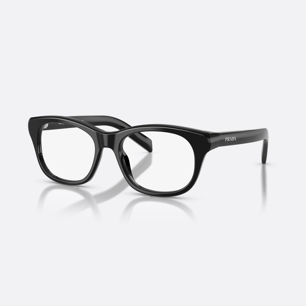 Prada PR C13V 16K1O1 eyeglasses, black pillow frame for women, plain bridge, integrated into front, slim tapered temples