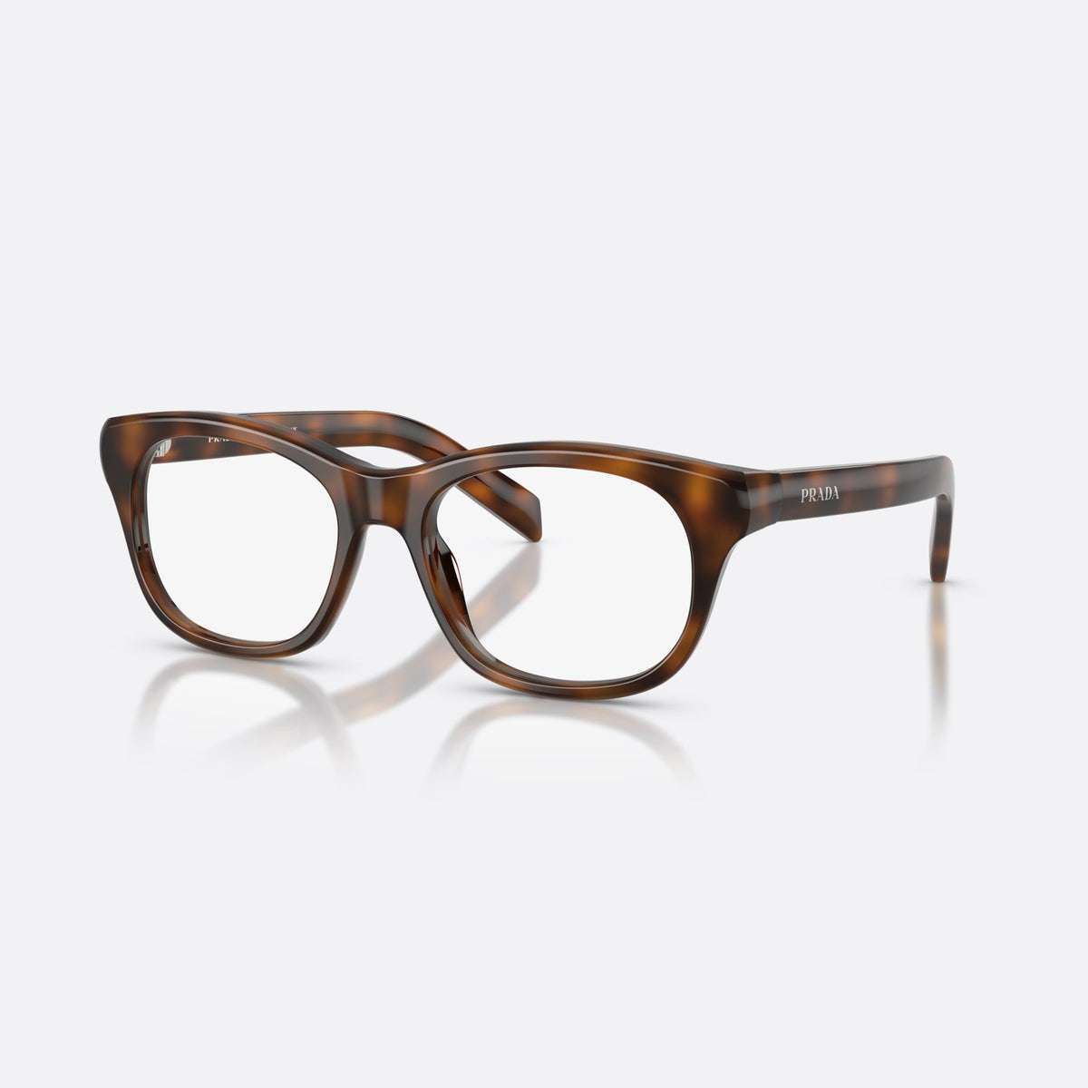 Prada PR C13V 20D1O1 eyeglasses, havana pillow frame for women, plain bridge, integrated into front, full-rim front