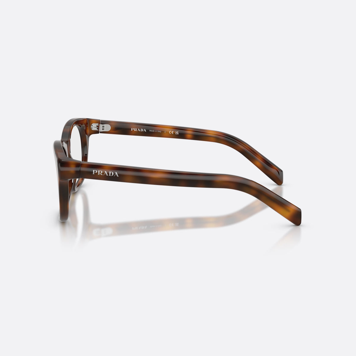 Prada PR C13V 20D1O1 eyeglasses, havana pillow frame for women, plain bridge, integrated into front, full-rim front, side view