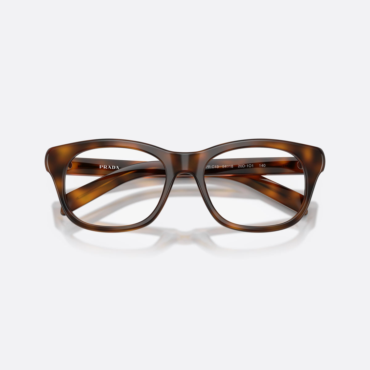 Prada PR C13V 20D1O1 eyeglasses, havana pillow frame for women, plain bridge, integrated into front, full-rim front, folded