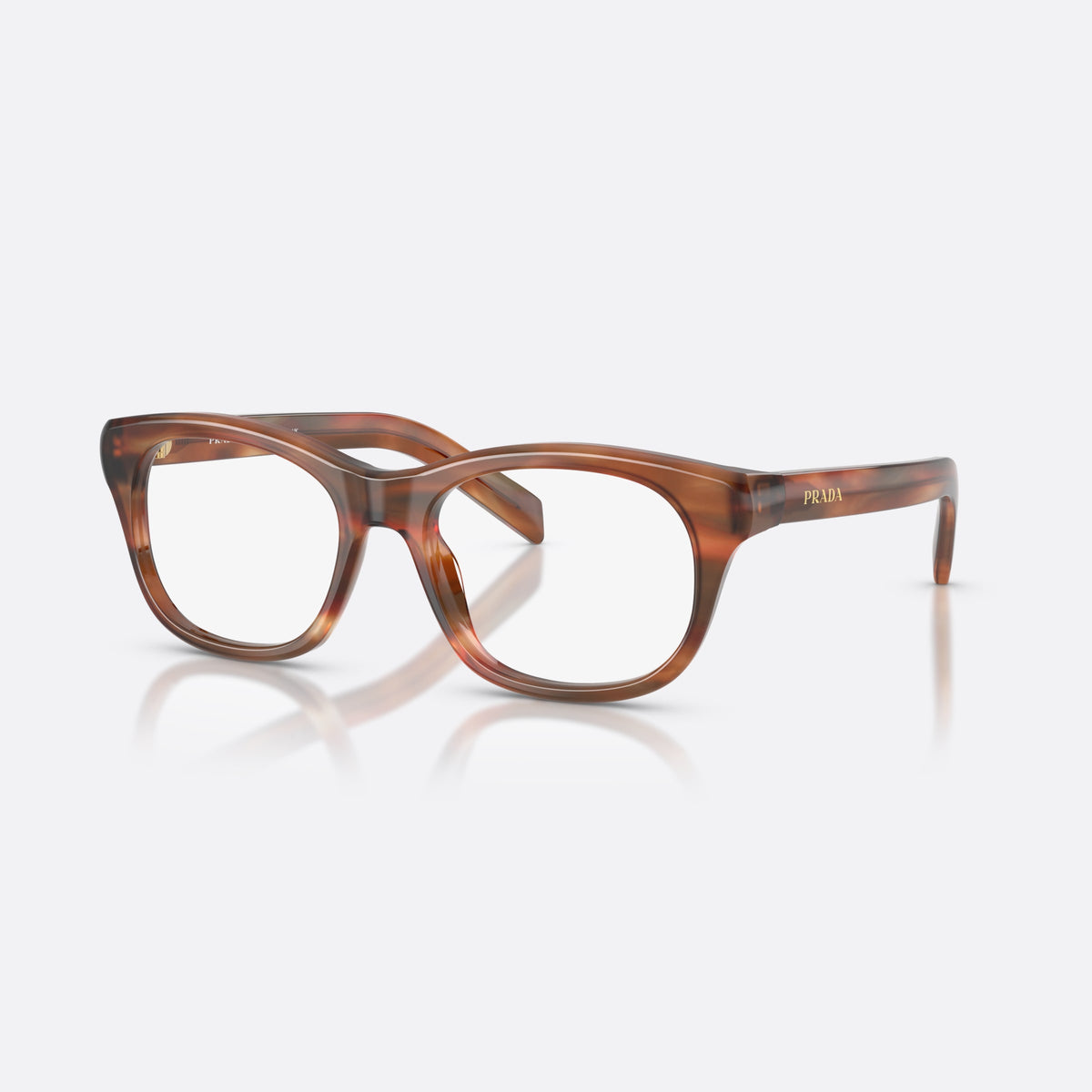 Prada PR C13V 24G1O1 eyeglasses, brown pillow frame for women, plain bridge, brand lettering on temple, gold-tone lettering