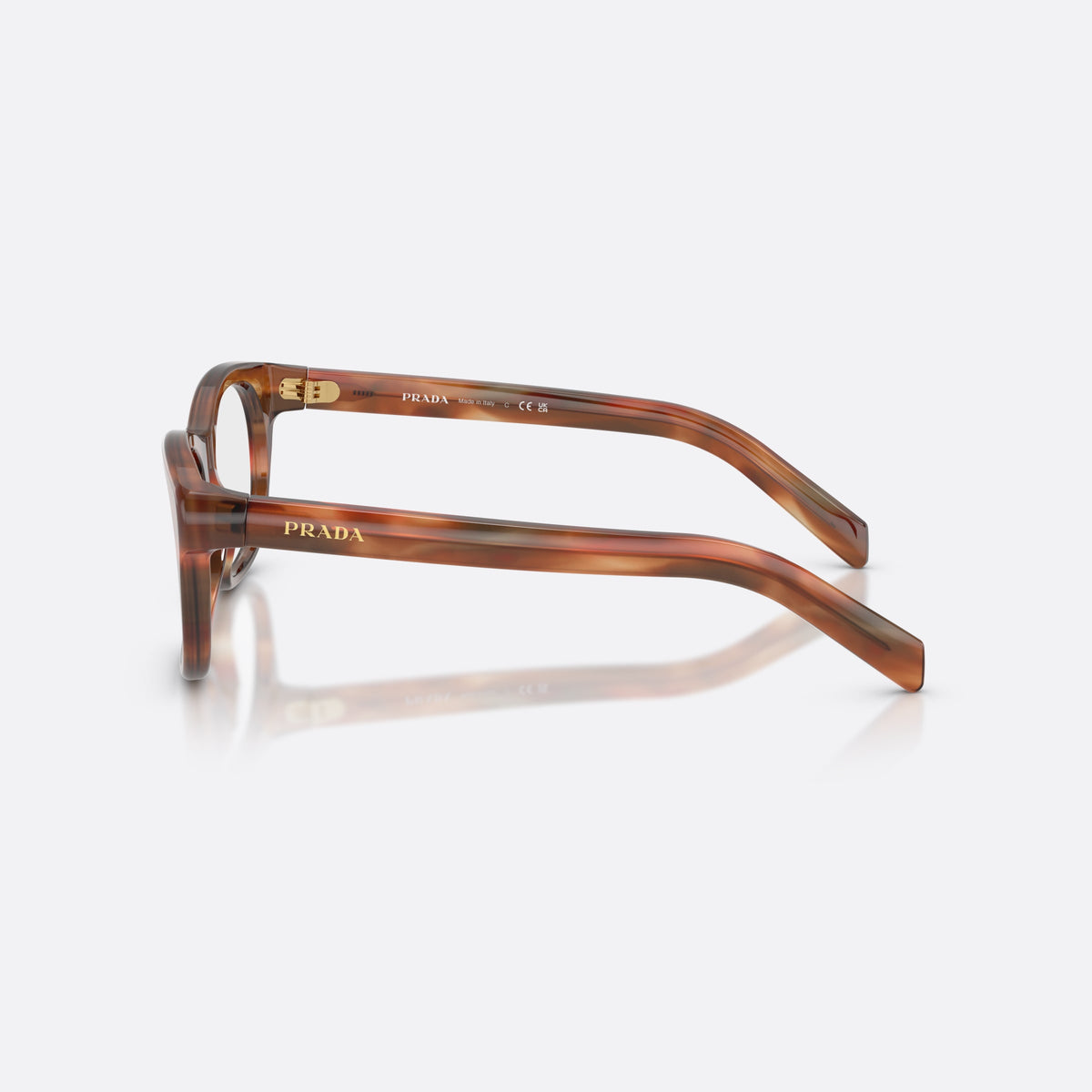 Prada PR C13V 24G1O1 eyeglasses, brown pillow frame for women, plain bridge, brand lettering on temple, gold-tone lettering, side view
