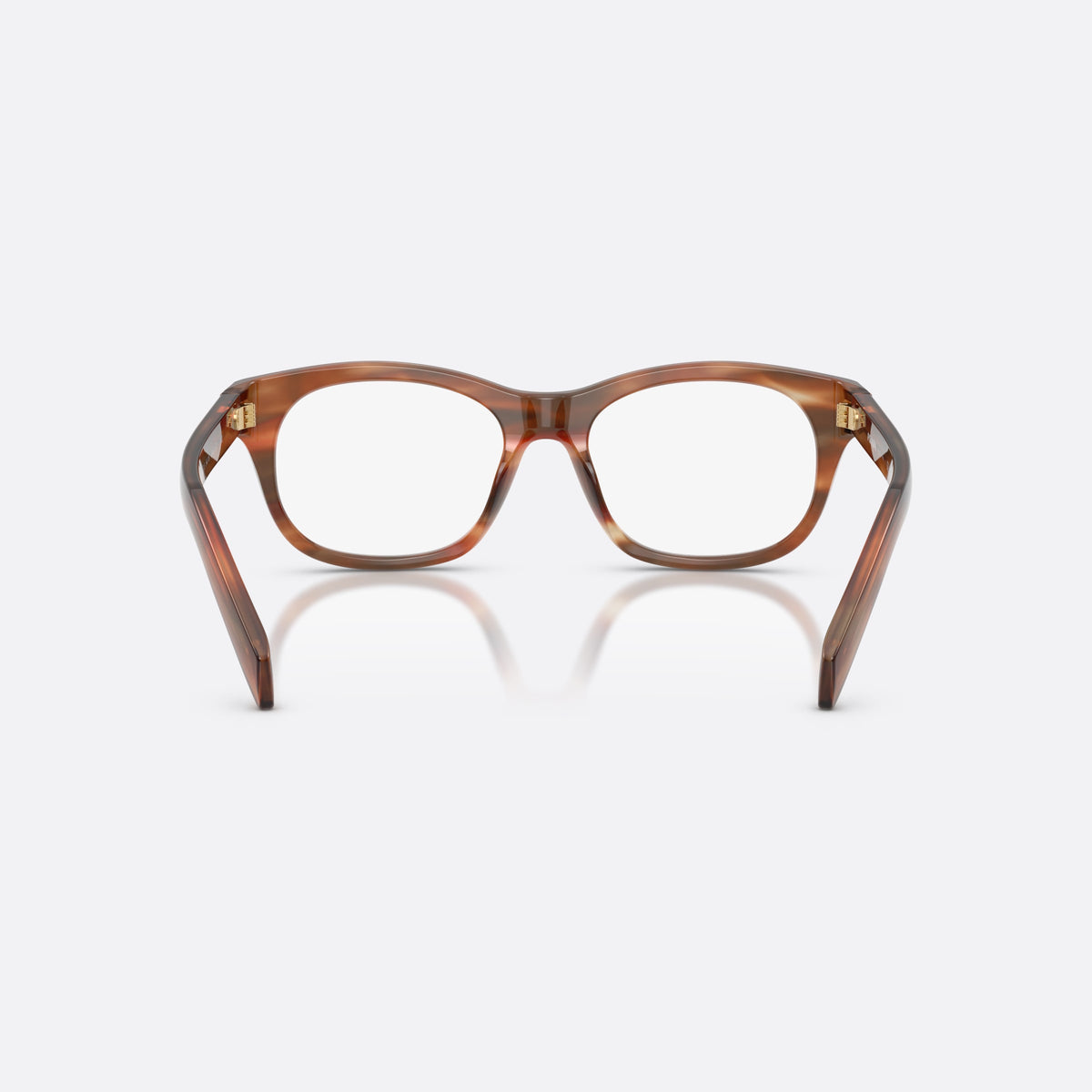 Prada PR C13V 24G1O1 eyeglasses, brown pillow frame for women, plain bridge, brand lettering on temple, gold-tone lettering, back view