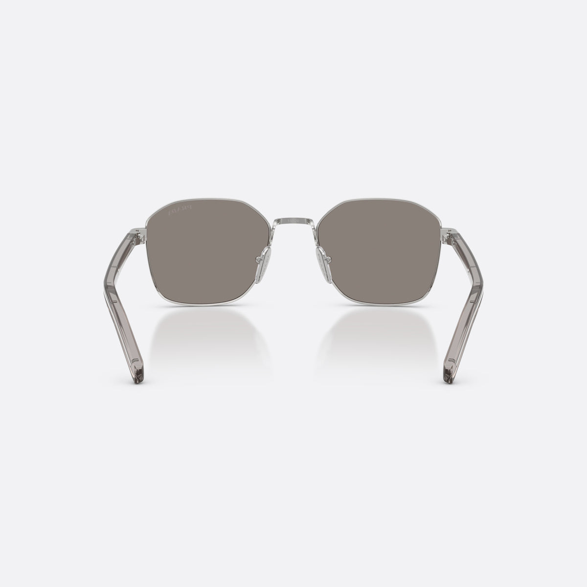Prada PR C50S 1BC80Q sunglasses, silver square frame for men, plain metal bridge, brand lettering on temples, back view