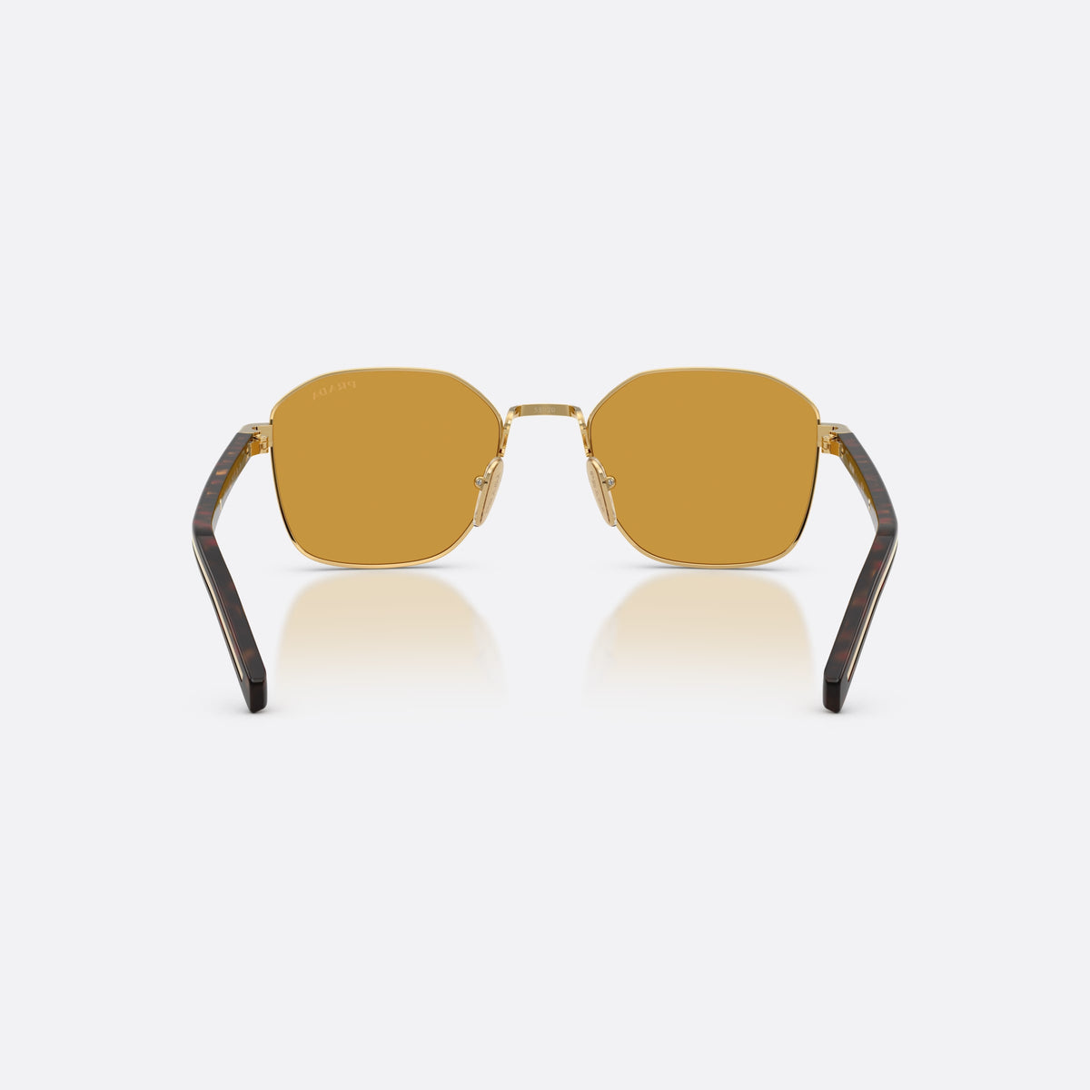Prada PR C50S 5AK50P sunglasses, gold square frame for men, plain metal bridge, brand lettering on the temples, back view