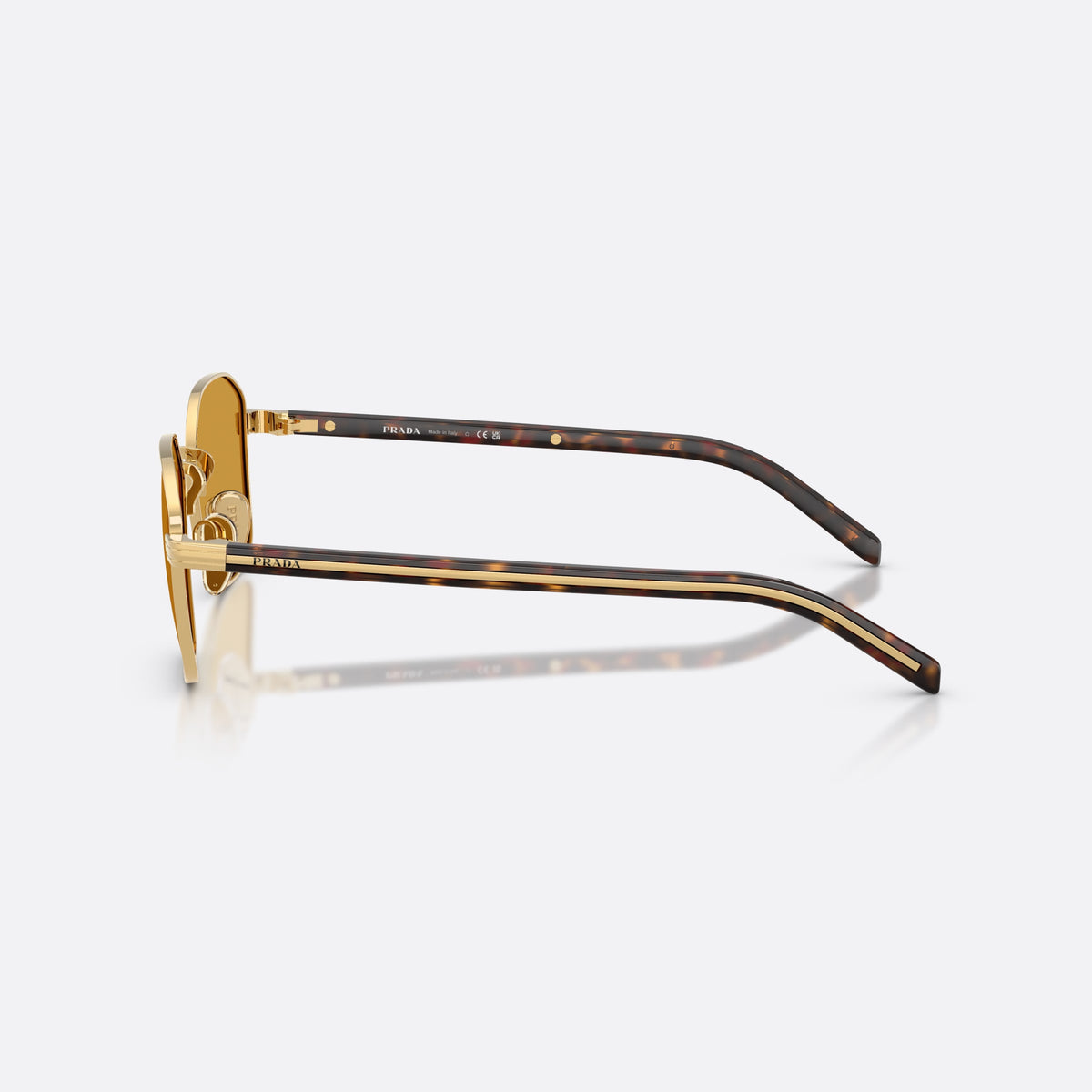 Prada PR C50S 5AK50P sunglasses, gold square frame for men, plain metal bridge, brand lettering on temples, side view