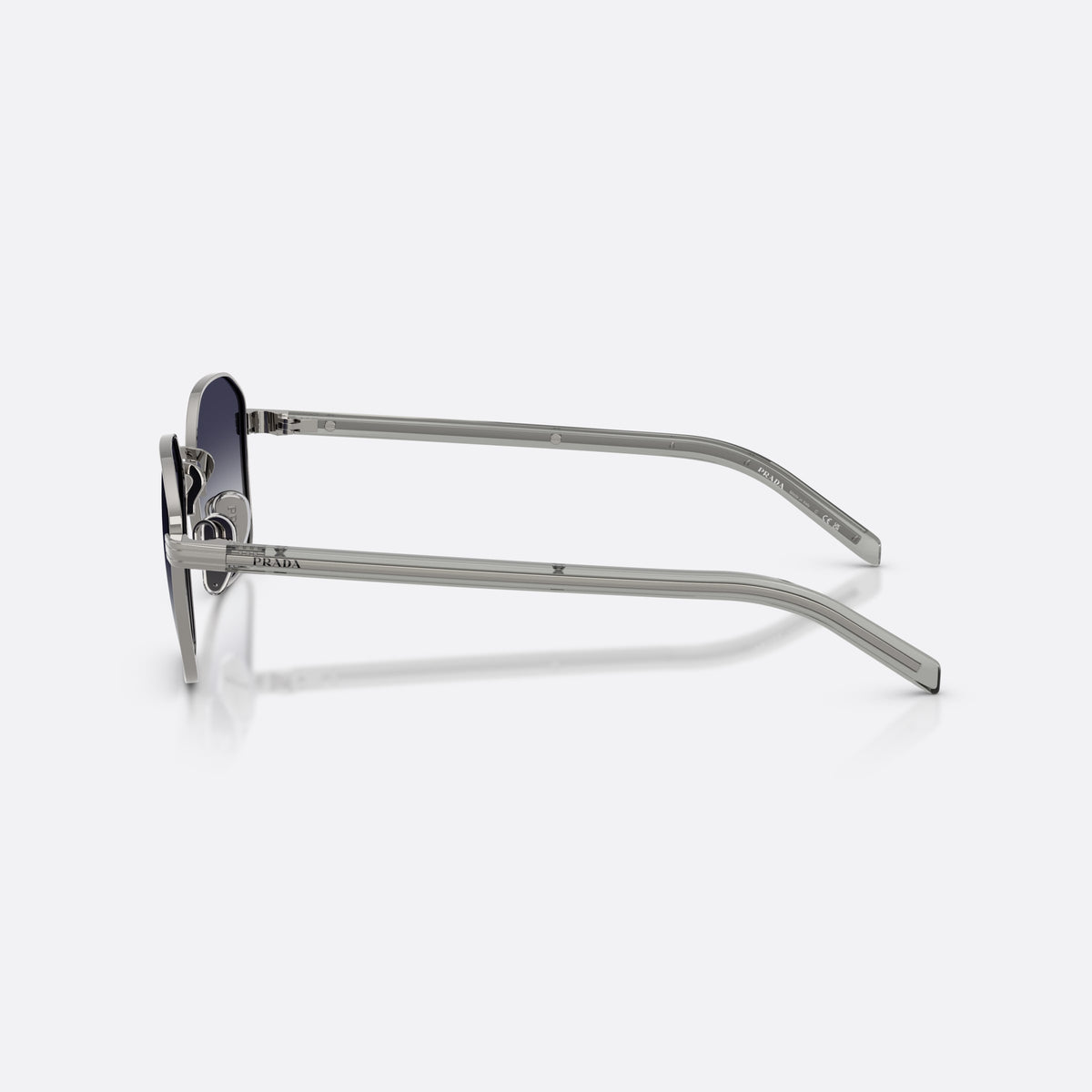Prada PR C50S 5AV90S sunglasses, grey square frame for men, double metal bridge, brand lettering on temples, side view